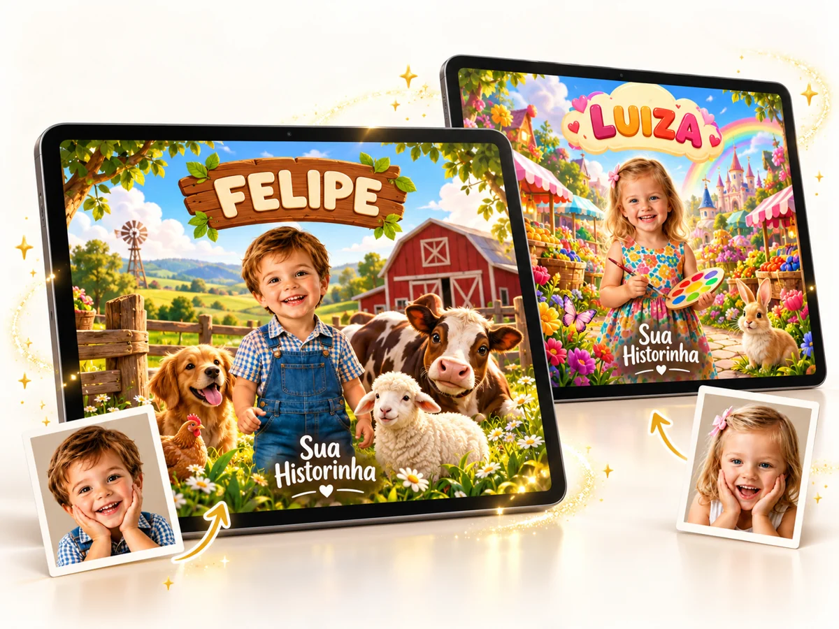 Exemplos de fotos de menino e menina transformadas em aventuras personalizadas em tablets