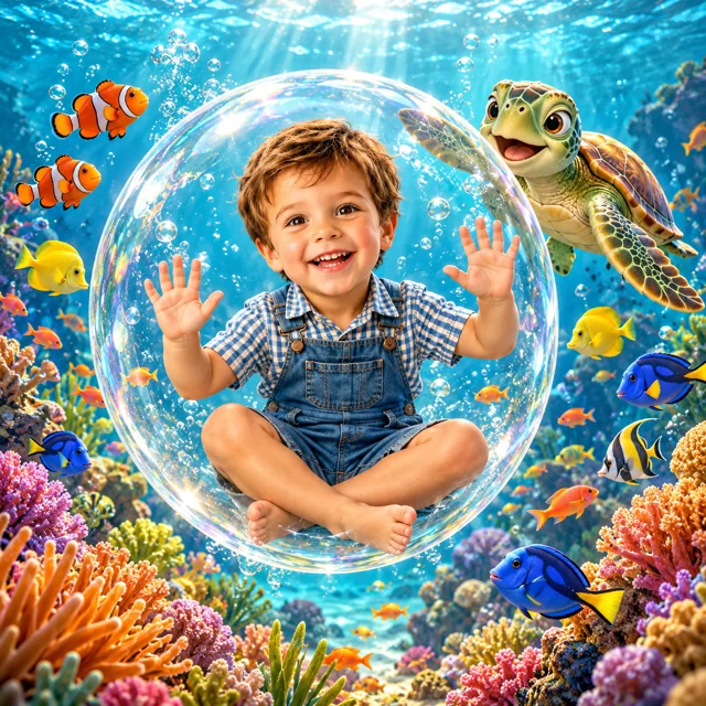 Exemplo de criança com aparência fotográfica na aventura Fundo do Mar